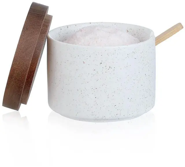 Main image of Ceramic Salt Cellar with Lid and Wooden Spoon, 8 Oz Speckled Salt Holder, Storage Canister for Sea Salt, Pepper, Spices, Herbs and Sugar