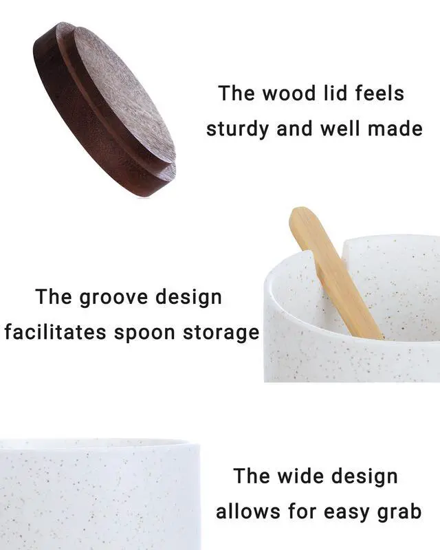 Alt view image 2 of 6 - Ceramic Salt Cellar with Lid and Wooden Spoon, 8 Oz Speckled Salt Holder, Storage Canister for Sea Salt, Pepper, Spices, Herbs and Sugar