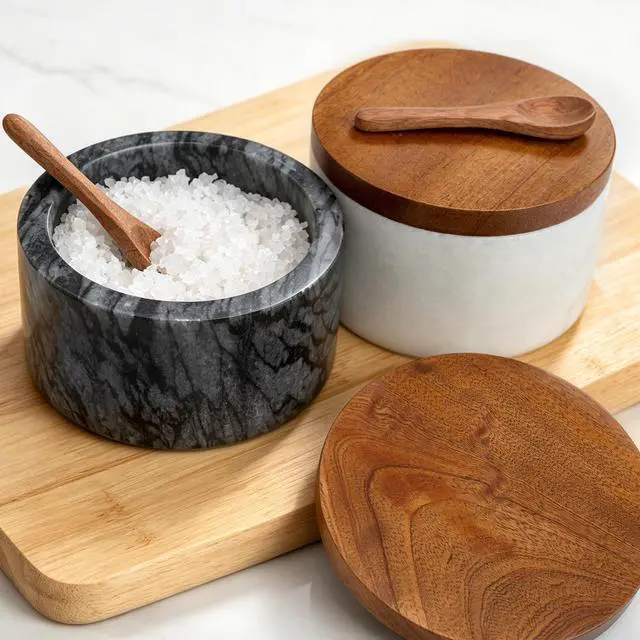 Main image of Salt and Pepper Containers, Marble Salt Cellar Set of 2 with Wood Lids and Spoons, Black and White Salt Keeper Bowls for Kitchen Counter, Sugar, Spices and Dry Seasonings