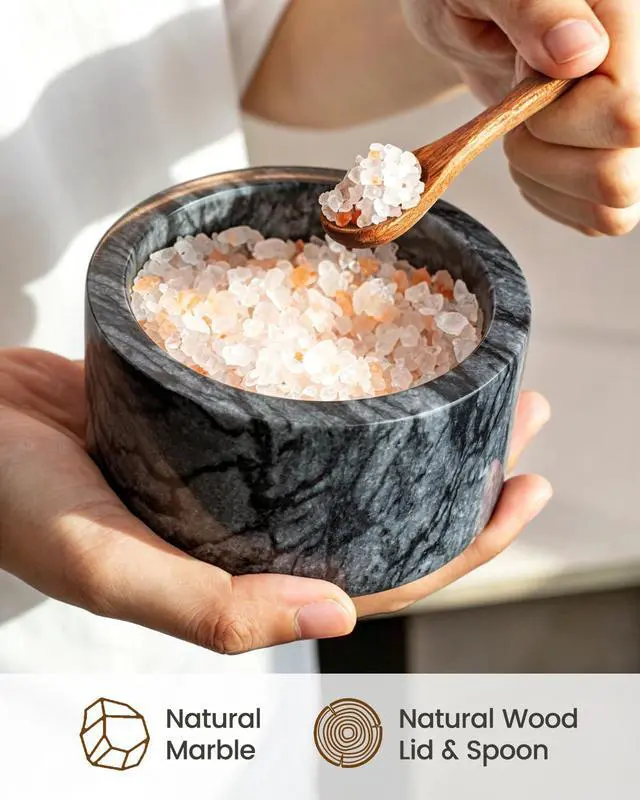 Alt view image 2 of 7 - Salt and Pepper Containers, Marble Salt Cellar Set of 2 with Wood Lids and Spoons, Black and White Salt Keeper Bowls for Kitchen Counter, Sugar, Spices and Dry Seasonings