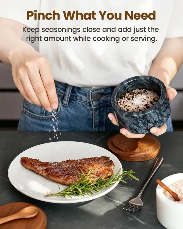Alt view image 3 of 7 - Salt and Pepper Containers, Marble Salt Cellar Set of 2 with Wood Lids and Spoons, Black and White Salt Keeper Bowls for Kitchen Counter, Sugar, Spices and Dry Seasonings