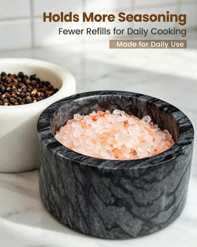Alt view image 4 of 7 - Salt and Pepper Containers, Marble Salt Cellar Set of 2 with Wood Lids and Spoons, Black and White Salt Keeper Bowls for Kitchen Counter, Sugar, Spices and Dry Seasonings