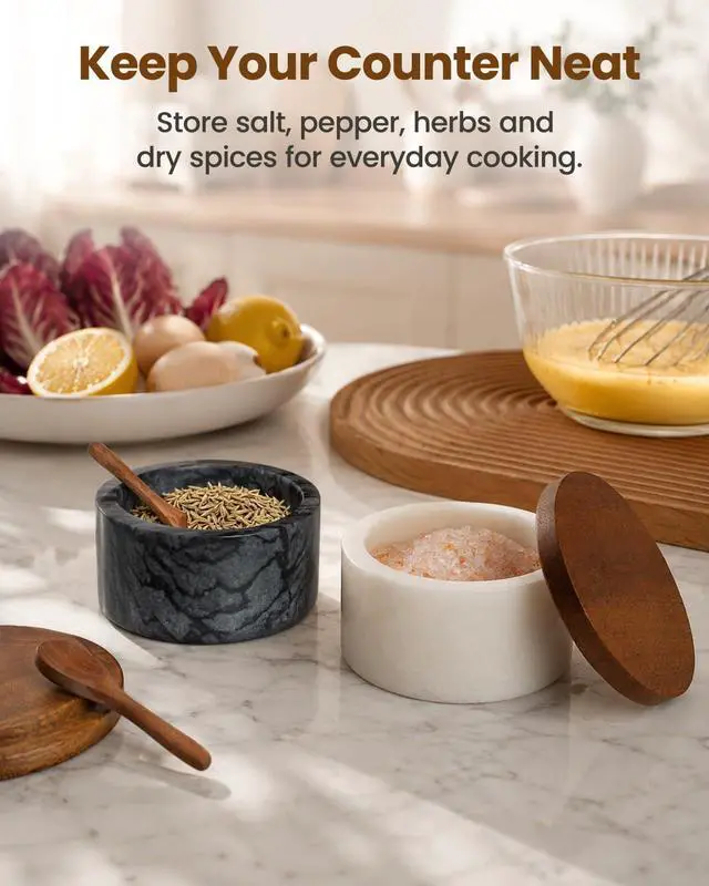 Alt view image 5 of 7 - Salt and Pepper Containers, Marble Salt Cellar Set of 2 with Wood Lids and Spoons, Black and White Salt Keeper Bowls for Kitchen Counter, Sugar, Spices and Dry Seasonings