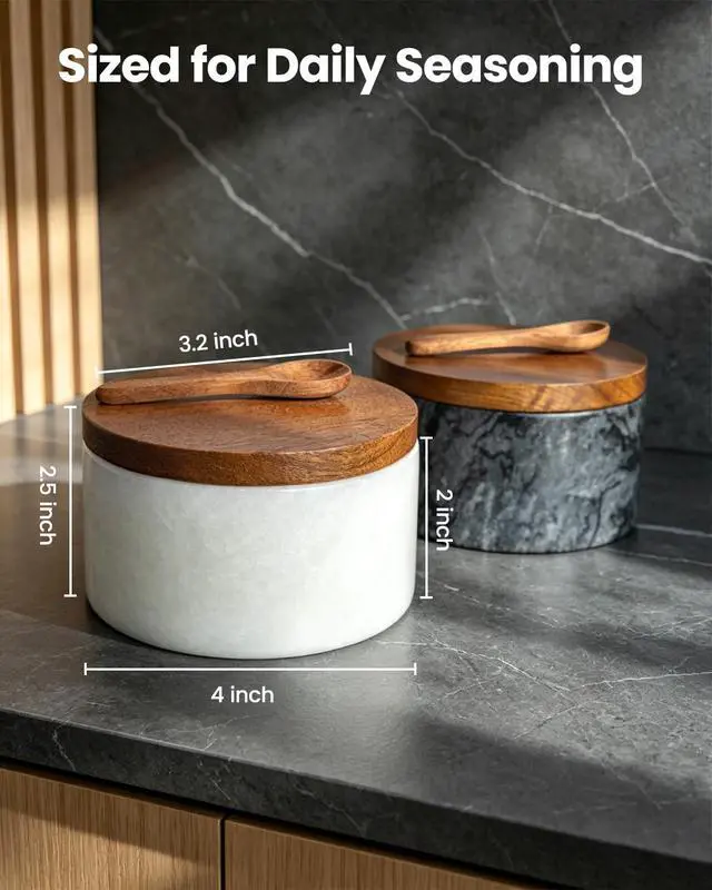 Alt view image 6 of 7 - Salt and Pepper Containers, Marble Salt Cellar Set of 2 with Wood Lids and Spoons, Black and White Salt Keeper Bowls for Kitchen Counter, Sugar, Spices and Dry Seasonings