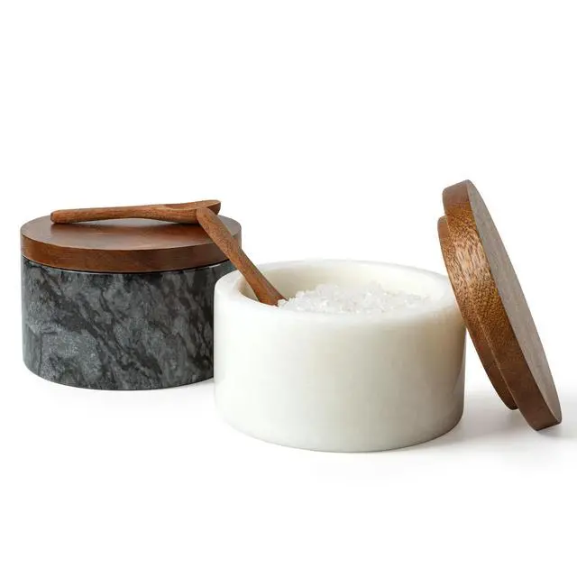 Alt view image 7 of 7 - Salt and Pepper Containers, Marble Salt Cellar Set of 2 with Wood Lids and Spoons, Black and White Salt Keeper Bowls for Kitchen Counter, Sugar, Spices and Dry Seasonings