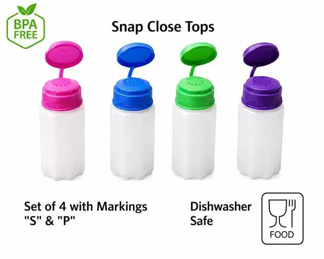 Alt view image 3 of 5 - Set of 4 Mini Salt and Pepper Shakers 1oz BPA-Free Plastic with Snap Top Lids, Assorted Colors, Compact Design for Travel, Camping, Picnics, and Lunch Boxes by Dependable Industries