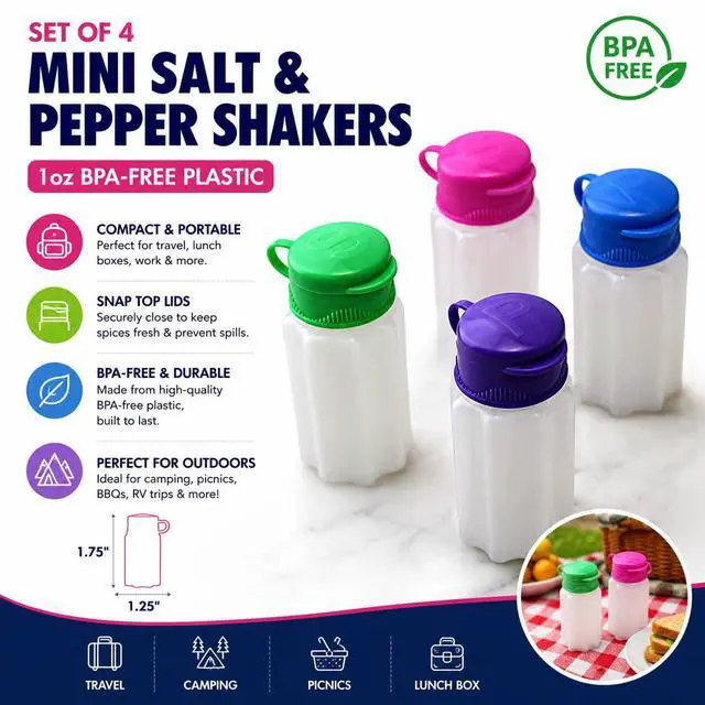 Alt view image 5 of 5 - Set of 4 Mini Salt and Pepper Shakers 1oz BPA-Free Plastic with Snap Top Lids, Assorted Colors, Compact Design for Travel, Camping, Picnics, and Lunch Boxes by Dependable Industries