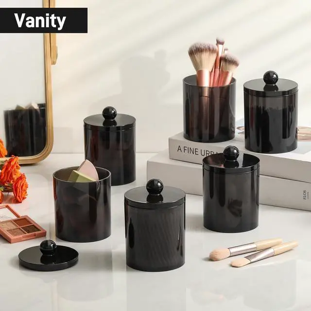 Alt view image 5 of 7 - 4 Pack Acrylic Qtip Holder Dispenser for Cotton Swabs, Balls, Pads, Floss Picks- Clear Acrylic Canister Apothecary Jar Set, Bathroom Essentials Accessories Decor Vanity Makeup Storage Organizer -Black