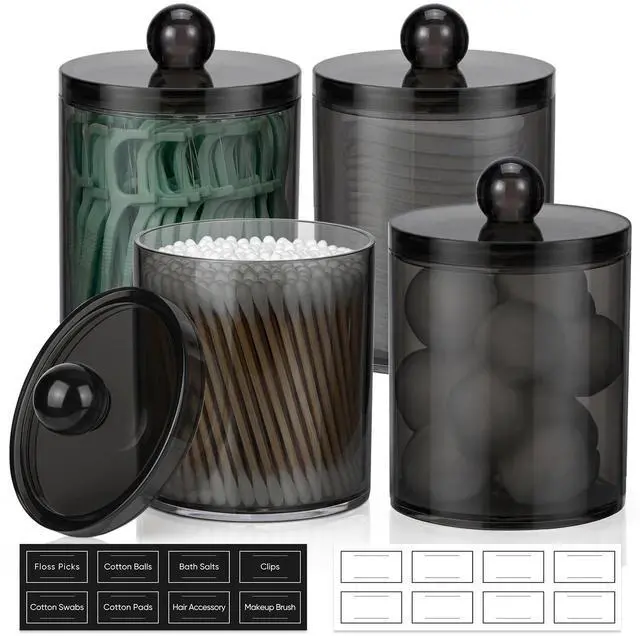Main image of 4 Pack Acrylic Qtip Holder Dispenser for Cotton Swabs, Balls, Pads, Floss Picks- Clear Acrylic Canister Apothecary Jar Set, Bathroom Essentials Accessories Decor Vanity Makeup Storage Organizer -Black