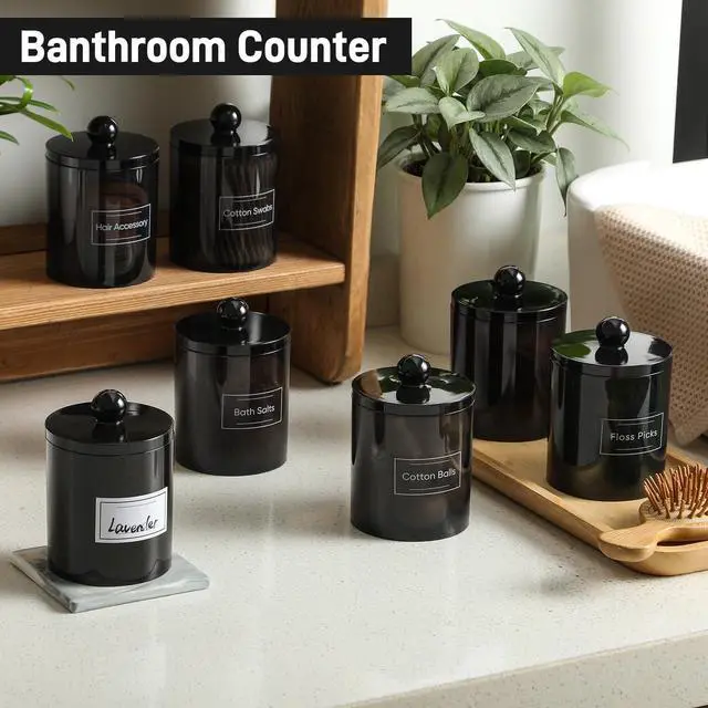 Alt view image 2 of 7 - 4 Pack Acrylic Qtip Holder Dispenser for Cotton Swabs, Balls, Pads, Floss Picks- Clear Acrylic Canister Apothecary Jar Set, Bathroom Essentials Accessories Decor Vanity Makeup Storage Organizer -Black