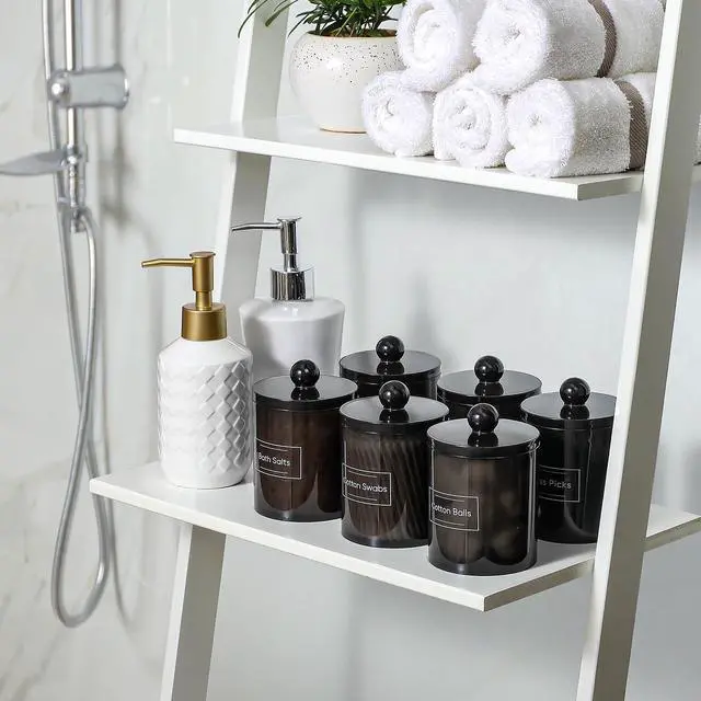 Alt view image 7 of 7 - 4 Pack Acrylic Qtip Holder Dispenser for Cotton Swabs, Balls, Pads, Floss Picks- Clear Acrylic Canister Apothecary Jar Set, Bathroom Essentials Accessories Decor Vanity Makeup Storage Organizer -Black