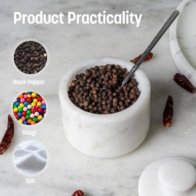 Alt view image 5 of 7 - Marble Salt Cellar with Lid 3.5" White, Stone Pepper Container & Spice Jars for Kitchen, Marble Salt and Pepper Holder, Stone Storage Box for Kitchen Counter, Spice Jar(Namib Fantasy White)