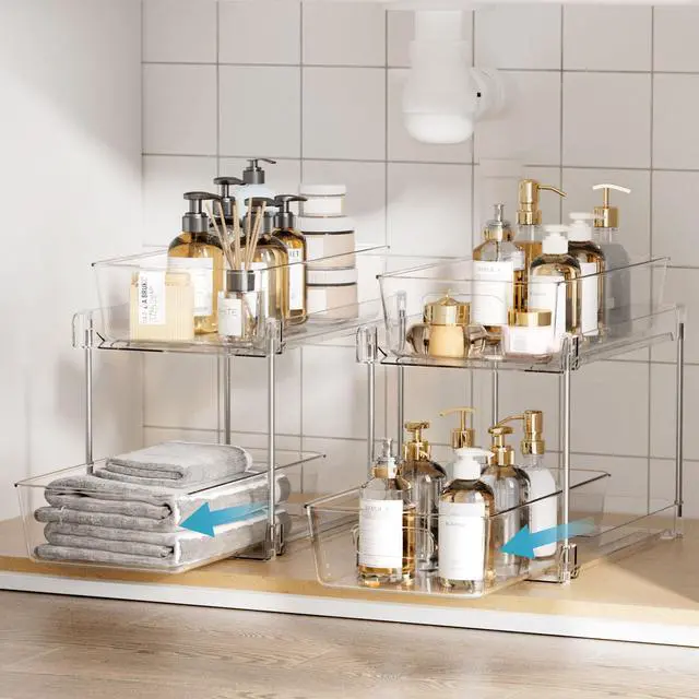 Alt view image 4 of 7 - 4 Pack Bathroom Under Sink Organizers Organizer, 2 Tier Clear Pull-Out Organization (S-Standard)