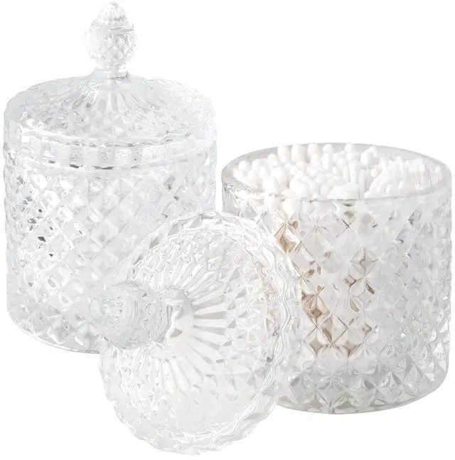 Main image of 2 Pack Qtip Holder Thick Glass Apothecary Jars with Lid for Bathroom Decor Storage Organizer for Cotton Swabs, Balls, Pads, Floss Picks, Candy, Jewelry, Clear