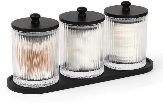 Main image of 3 Pack Qtip Holder - Bathroom Organizers and Storage, Cotton Round Holder Floss Pick Cotton Ball Swab Holder with Tray, Glass Apothecary Jars with Lids Container Set -sw clear b
