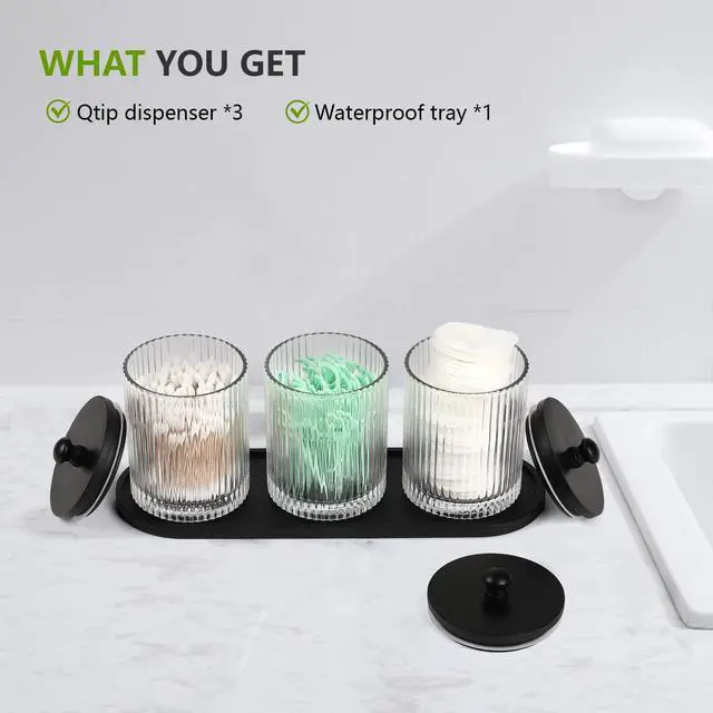 Alt view image 2 of 7 - 3 Pack Qtip Holder - Bathroom Organizers and Storage, Cotton Round Holder Floss Pick Cotton Ball Swab Holder with Tray, Glass Apothecary Jars with Lids Container Set -sw clear b