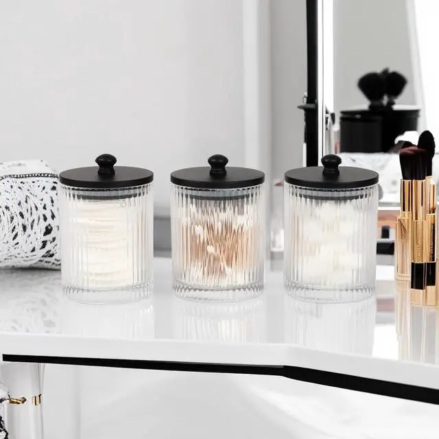 Alt view image 7 of 7 - 3 Pack Qtip Holder - Bathroom Organizers and Storage, Cotton Round Holder Floss Pick Cotton Ball Swab Holder with Tray, Glass Apothecary Jars with Lids Container Set -sw clear b