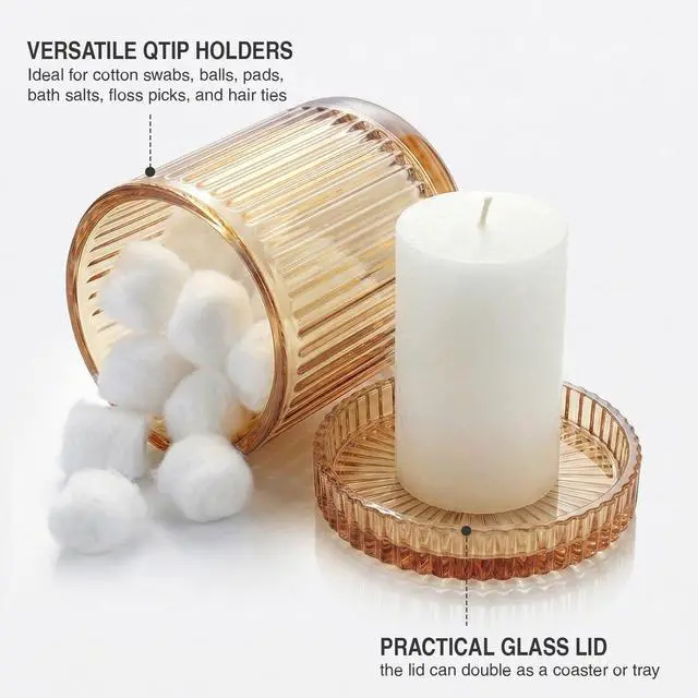 Alt view image 3 of 7 - Bathroom Organizers and Storage,2 Pack Glass Qtip Holder Dispenser,Bathroom Essentials Accessories Decor,Vanity Makeup Storage Organizer for Cotton Swabs,Cotton Balls,Pads,Floss Picks (Amber)
