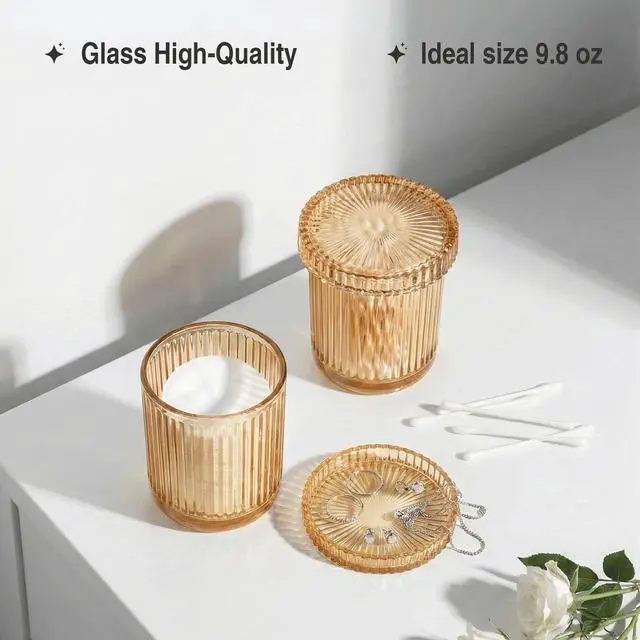 Alt view image 4 of 7 - Bathroom Organizers and Storage,2 Pack Glass Qtip Holder Dispenser,Bathroom Essentials Accessories Decor,Vanity Makeup Storage Organizer for Cotton Swabs,Cotton Balls,Pads,Floss Picks (Amber)