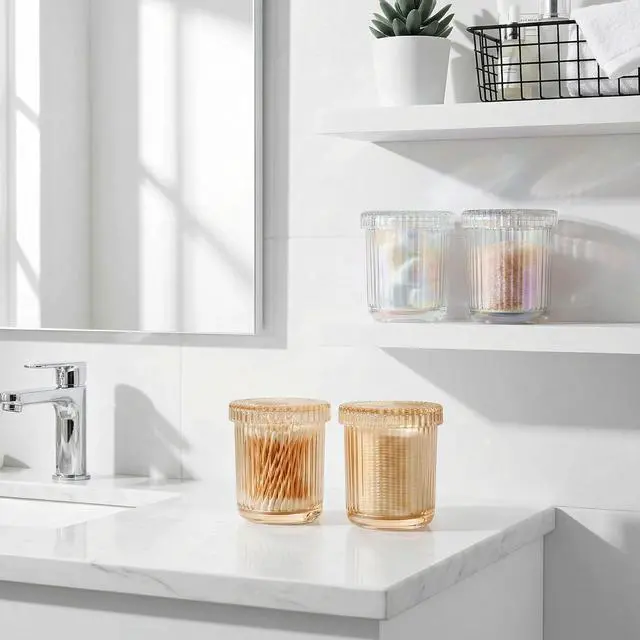 Alt view image 5 of 7 - Bathroom Organizers and Storage,2 Pack Glass Qtip Holder Dispenser,Bathroom Essentials Accessories Decor,Vanity Makeup Storage Organizer for Cotton Swabs,Cotton Balls,Pads,Floss Picks (Amber)