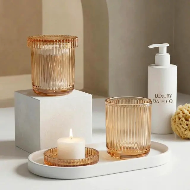 Alt view image 7 of 7 - Bathroom Organizers and Storage,2 Pack Glass Qtip Holder Dispenser,Bathroom Essentials Accessories Decor,Vanity Makeup Storage Organizer for Cotton Swabs,Cotton Balls,Pads,Floss Picks (Amber)