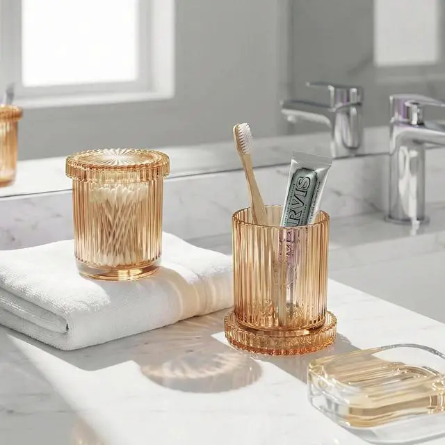 Alt view image 6 of 7 - Bathroom Organizers and Storage,2 Pack Glass Qtip Holder Dispenser,Bathroom Essentials Accessories Decor,Vanity Makeup Storage Organizer for Cotton Swabs,Cotton Balls,Pads,Floss Picks (Amber)