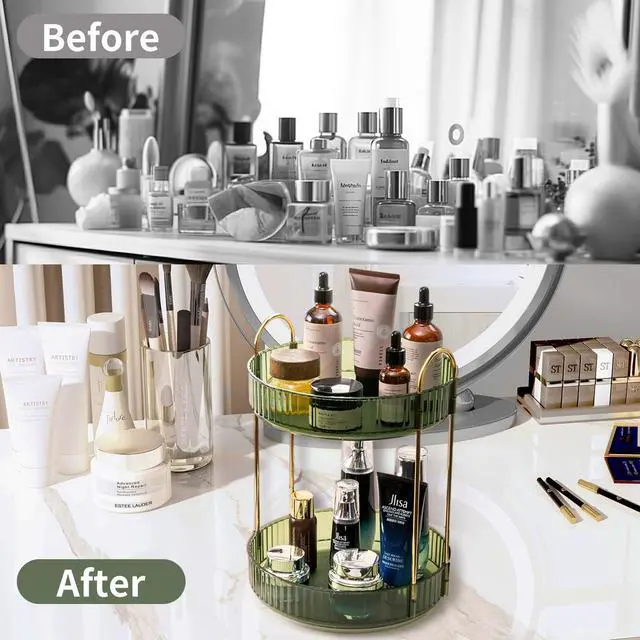 Alt view image 4 of 7 - 360 Rotating Makeup Organizer for Vanity,2 Tier Large Capacity Skincare Organizers,Bathroom Counter Organizer, Spinning Perfume Organizer & Vanity Organizer (Green-2 Tier)
