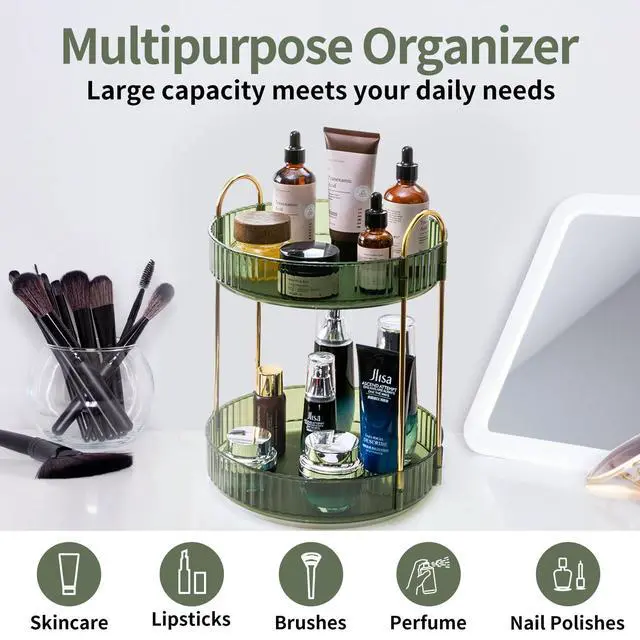Alt view image 7 of 7 - 360 Rotating Makeup Organizer for Vanity,2 Tier Large Capacity Skincare Organizers,Bathroom Counter Organizer, Spinning Perfume Organizer & Vanity Organizer (Green-2 Tier)