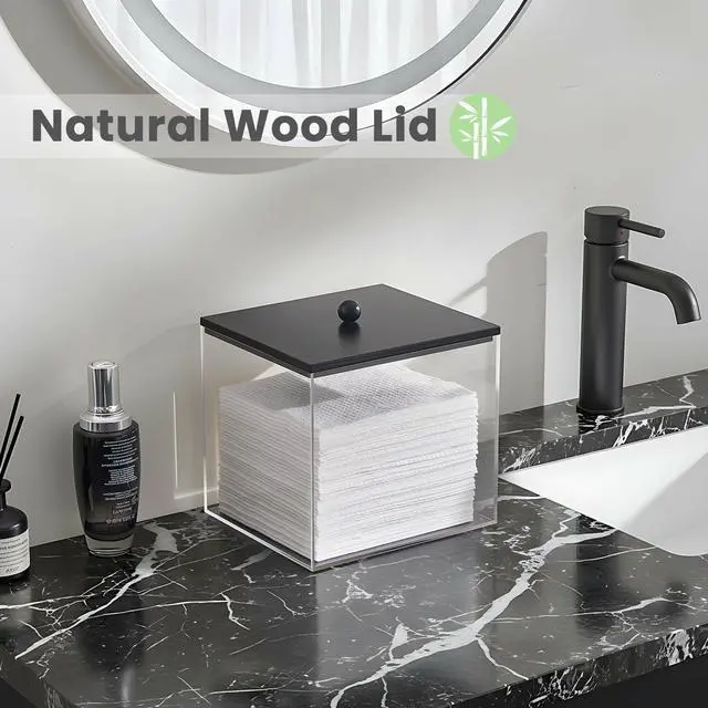 Alt view image 2 of 7 - Acrylic Disposable Facial Towels Holder, Clear Storage Bin with Wood Lid Compatible with Clean Skin Club Towel (NOT Included), Face Towelettes Container for Bathroom Counter -Black
