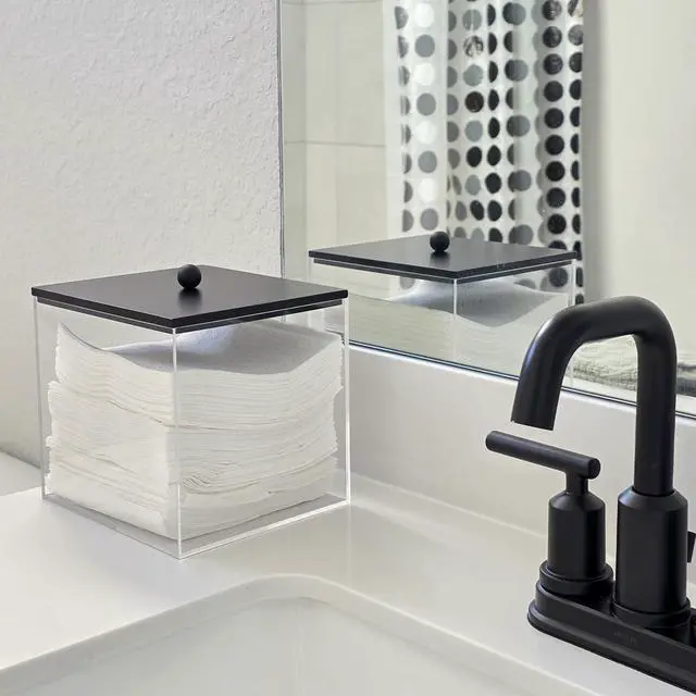 Alt view image 3 of 7 - Acrylic Disposable Facial Towels Holder, Clear Storage Bin with Wood Lid Compatible with Clean Skin Club Towel (NOT Included), Face Towelettes Container for Bathroom Counter -Black