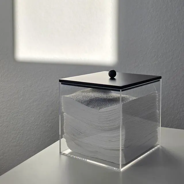 Alt view image 4 of 7 - Acrylic Disposable Facial Towels Holder, Clear Storage Bin with Wood Lid Compatible with Clean Skin Club Towel (NOT Included), Face Towelettes Container for Bathroom Counter -Black