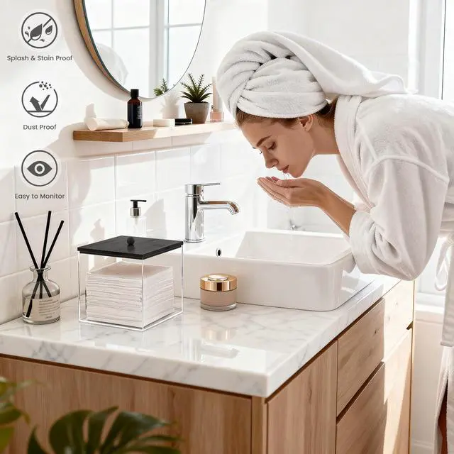 Alt view image 6 of 7 - Acrylic Disposable Facial Towels Holder, Clear Storage Bin with Wood Lid Compatible with Clean Skin Club Towel (NOT Included), Face Towelettes Container for Bathroom Counter -Black