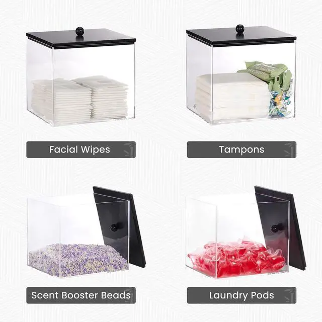 Alt view image 7 of 7 - Acrylic Disposable Facial Towels Holder, Clear Storage Bin with Wood Lid Compatible with Clean Skin Club Towel (NOT Included), Face Towelettes Container for Bathroom Counter -Black