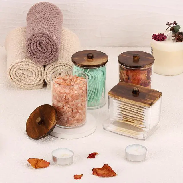 Alt view image 4 of 7 - 4 Pack Qtip Holder Bathroom Container, 10/7oz Cotton Ball/Swabs Dispenser, Apothecary Jar with Bamboo Lids for Organizer and Storage (Brown)