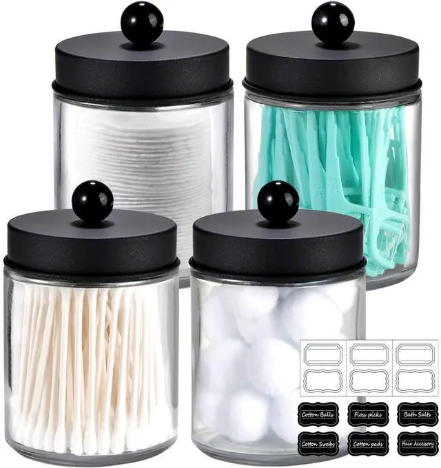 Main image of 4 Pack Glass Apothecary Jars Bathroom Vanity Storage Organizer Set-Qtip Dispenser Holder with Stainless Steel Lids &Cute Stickers-Countertop Canister for Qtips,Cotton Swabs,Makeup Sponges