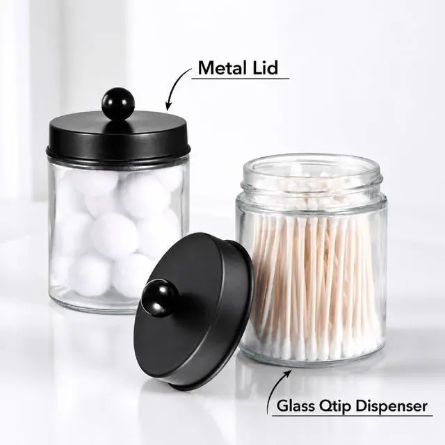 Alt view image 3 of 7 - 4 Pack Glass Apothecary Jars Bathroom Vanity Storage Organizer Set-Qtip Dispenser Holder with Stainless Steel Lids &Cute Stickers-Countertop Canister for Qtips,Cotton Swabs,Makeup Sponges