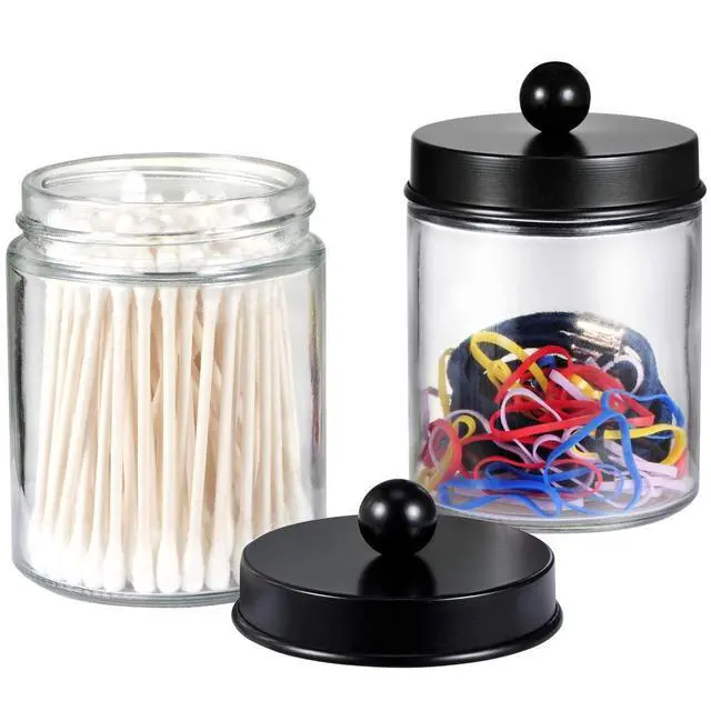 Alt view image 4 of 7 - 4 Pack Glass Apothecary Jars Bathroom Vanity Storage Organizer Set-Qtip Dispenser Holder with Stainless Steel Lids &Cute Stickers-Countertop Canister for Qtips,Cotton Swabs,Makeup Sponges