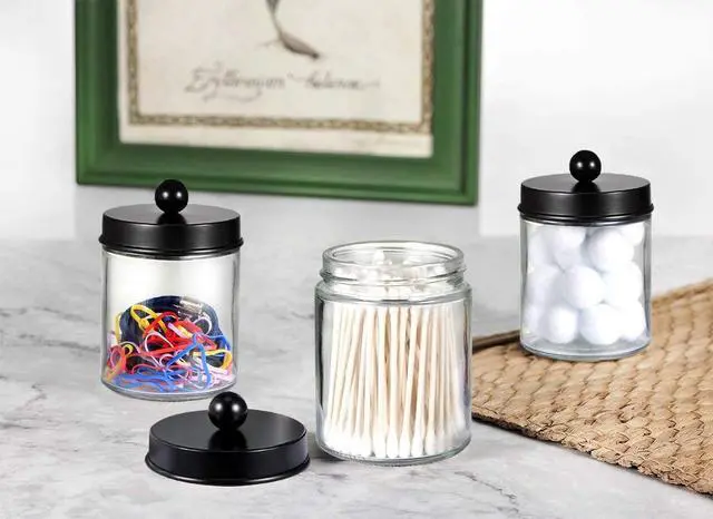 Alt view image 7 of 7 - 4 Pack Glass Apothecary Jars Bathroom Vanity Storage Organizer Set-Qtip Dispenser Holder with Stainless Steel Lids &Cute Stickers-Countertop Canister for Qtips,Cotton Swabs,Makeup Sponges