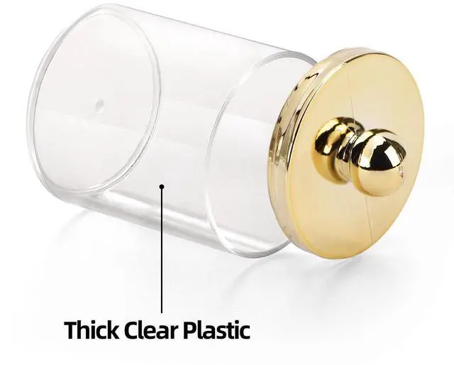 Alt view image 3 of 7 - 10oz Qtips Holder Bathroom Container - Plastic Apothecary Jar with Gold Lids for Cotton Bal Swab Round Pads, Floss - Gold