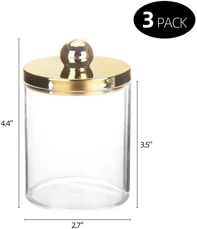 Alt view image 2 of 7 - 10oz Qtips Holder Bathroom Container - Plastic Apothecary Jar with Gold Lids for Cotton Bal Swab Round Pads, Floss - Gold