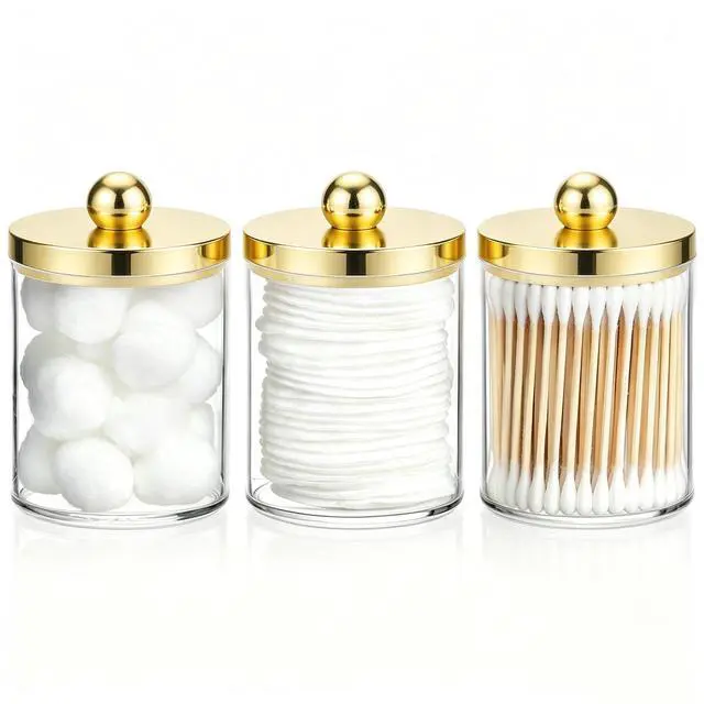 Main image of 10oz Qtips Holder Bathroom Container - Plastic Apothecary Jar with Gold Lids for Cotton Bal Swab Round Pads, Floss - Gold
