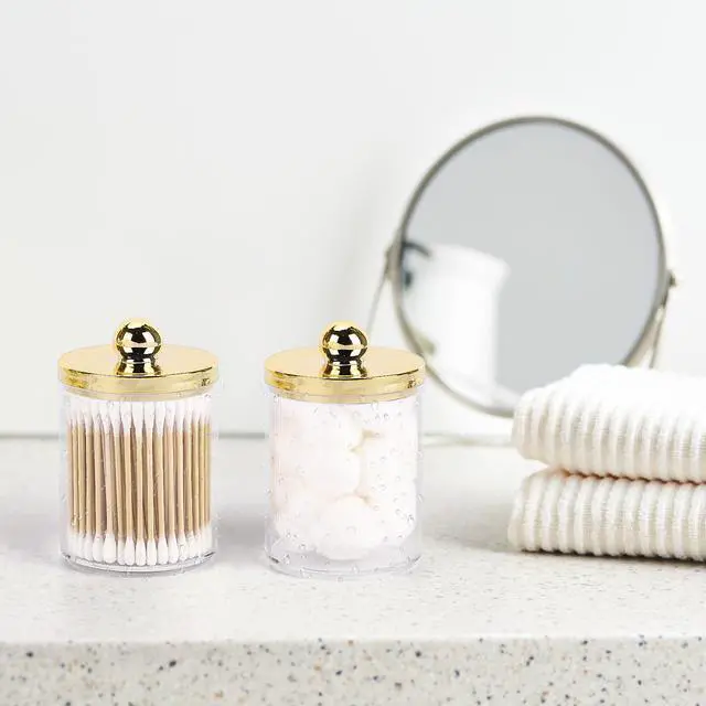 Alt view image 4 of 7 - 10oz Qtips Holder Bathroom Container - Plastic Apothecary Jar with Gold Lids for Cotton Bal Swab Round Pads, Floss - Gold