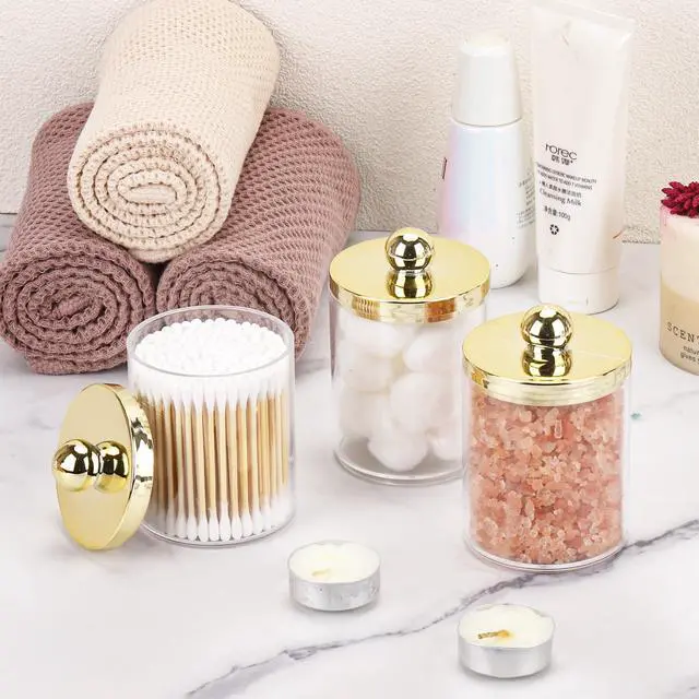 Alt view image 6 of 7 - 10oz Qtips Holder Bathroom Container - Plastic Apothecary Jar with Gold Lids for Cotton Bal Swab Round Pads, Floss - Gold