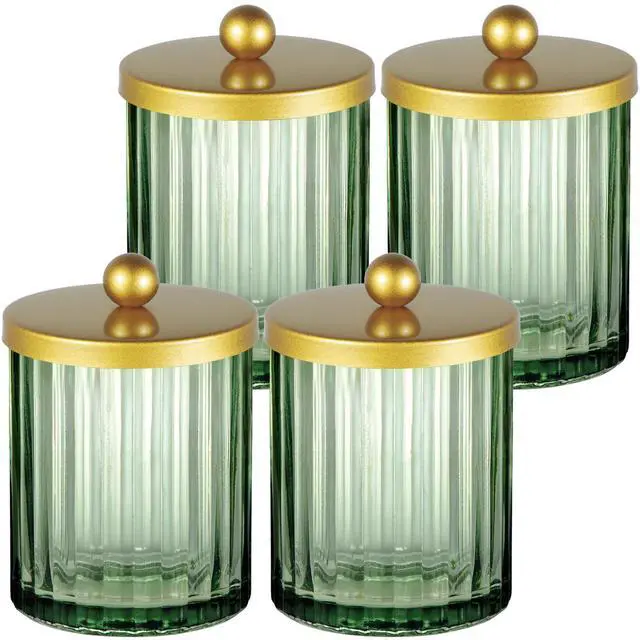 Main image of Sage Green Glass Qtip Holder Dispenser, Bathroom Canister Apothecary Jar for Cotton Swabs, Cotton Balls, Round Pads, Floss Picks, Countertop Storage Organizer Container for Vanity,Gold 4 Pack