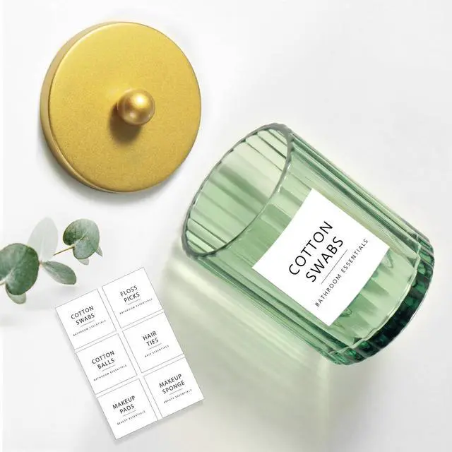 Alt view image 2 of 7 - Sage Green Glass Qtip Holder Dispenser, Bathroom Canister Apothecary Jar for Cotton Swabs, Cotton Balls, Round Pads, Floss Picks, Countertop Storage Organizer Container for Vanity,Gold 4 Pack
