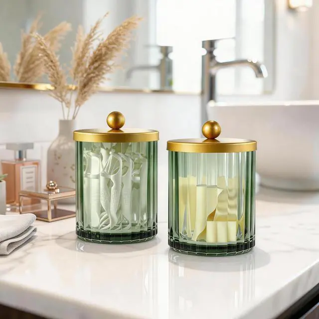 Alt view image 3 of 7 - Sage Green Glass Qtip Holder Dispenser, Bathroom Canister Apothecary Jar for Cotton Swabs, Cotton Balls, Round Pads, Floss Picks, Countertop Storage Organizer Container for Vanity,Gold 4 Pack