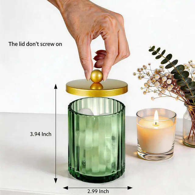 Alt view image 4 of 7 - Sage Green Glass Qtip Holder Dispenser, Bathroom Canister Apothecary Jar for Cotton Swabs, Cotton Balls, Round Pads, Floss Picks, Countertop Storage Organizer Container for Vanity,Gold 4 Pack
