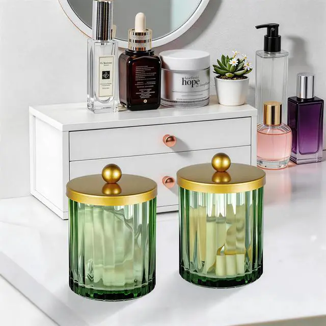 Alt view image 5 of 7 - Sage Green Glass Qtip Holder Dispenser, Bathroom Canister Apothecary Jar for Cotton Swabs, Cotton Balls, Round Pads, Floss Picks, Countertop Storage Organizer Container for Vanity,Gold 4 Pack