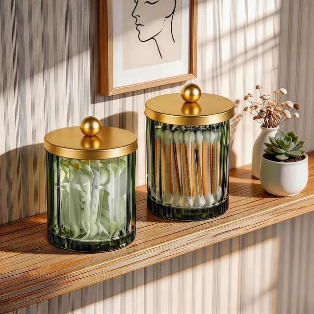 Alt view image 7 of 7 - Sage Green Glass Qtip Holder Dispenser, Bathroom Canister Apothecary Jar for Cotton Swabs, Cotton Balls, Round Pads, Floss Picks, Countertop Storage Organizer Container for Vanity,Gold 4 Pack