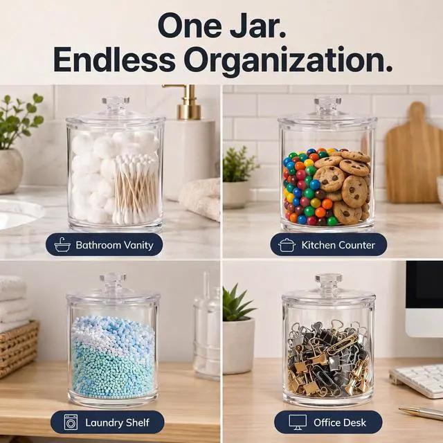 Alt view image 4 of 6 - ForPro Clear Acrylic Apothecary Jar with Lid, 60 Oz Shatterproof Bathroom Vanity Organizer, Cotton Ball Holder, Qtip Storage Container Canister for Kitchen, Laundry, Office Decor, 7.75" x 5"